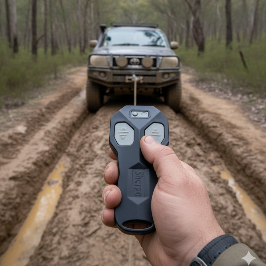 A hand uses the Sherpa 4x4 Wireless Receiver & Remote by Sherpa 4x4 to operate a winch on an off-road vehicle stuck in mud on a forest trail, surrounded by trees and dirt.