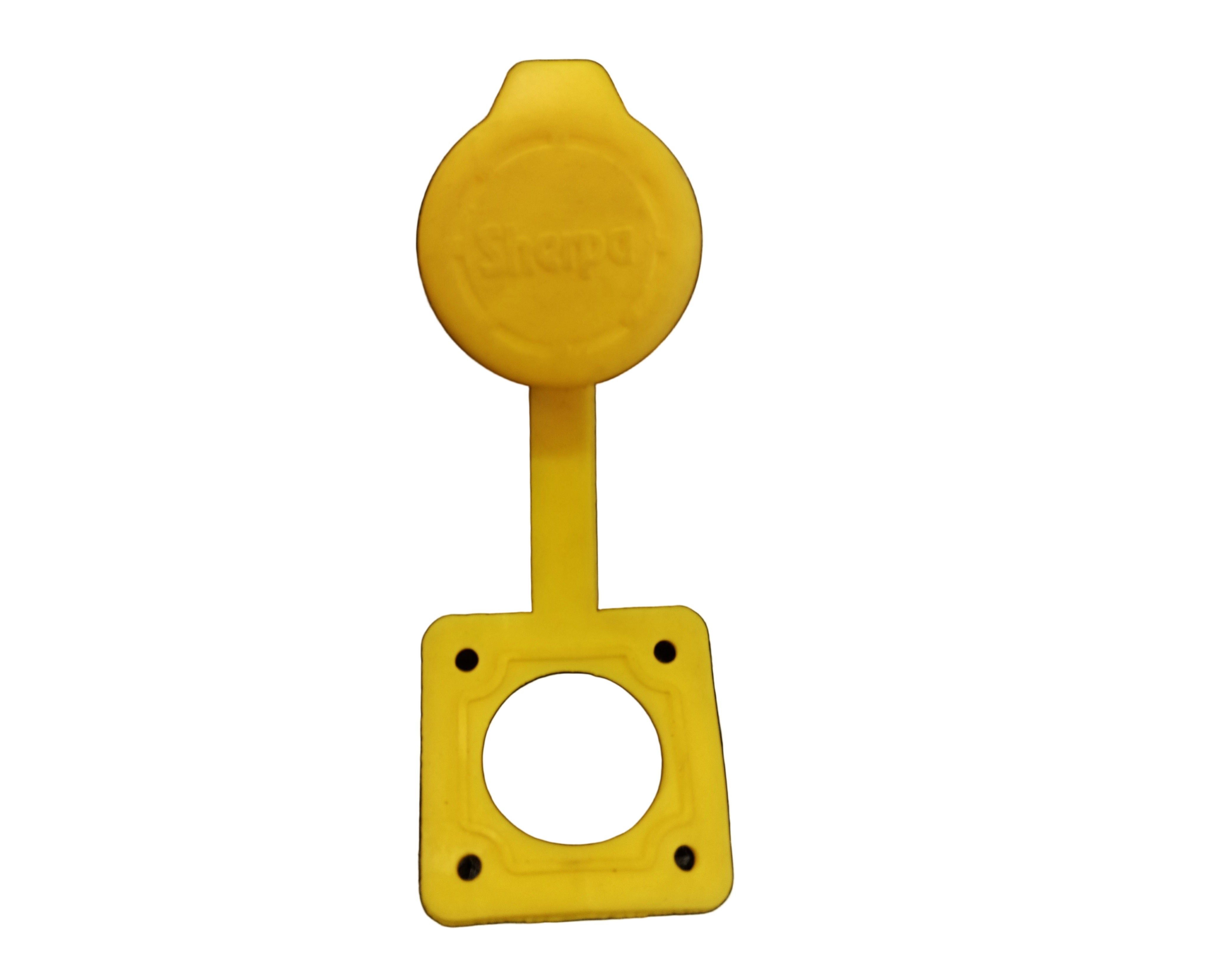 A yellow plastic Sherpa 4x4 Winch Plug Socket by Scintex, with a circular hinged lid and labeled “Sherpa,” fits the control box and mounts via a rectangular base with four corner screw holes and a central circular hole.