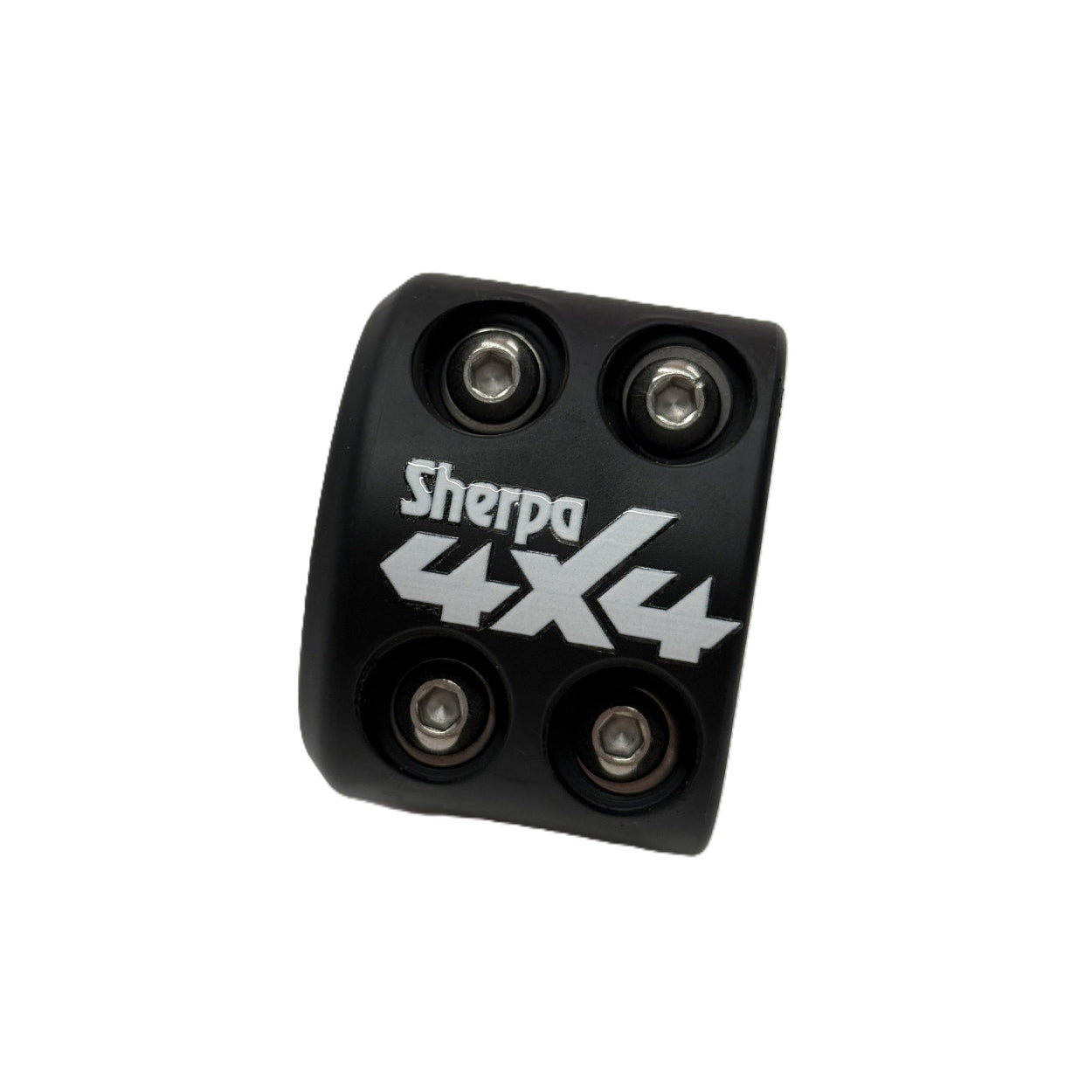 Black Sherpa 4x4 Winch Cable Stopper / Up to 12.7mm secured with four hex bolts, featuring white branding on the front as a durable 4x4 recovery accessory.