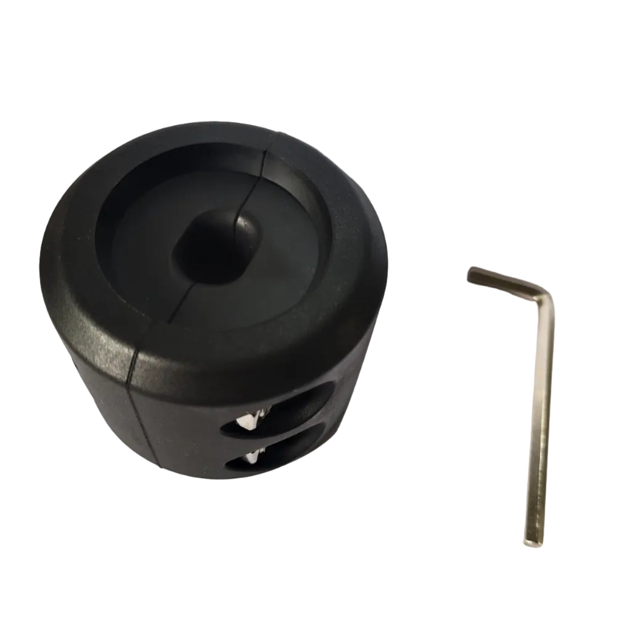 Black rubber Sherpa 4x4 Winch Cable Stopper / Up to 12.7mm with a center hole, two metal mounting screws, and a small hex key.