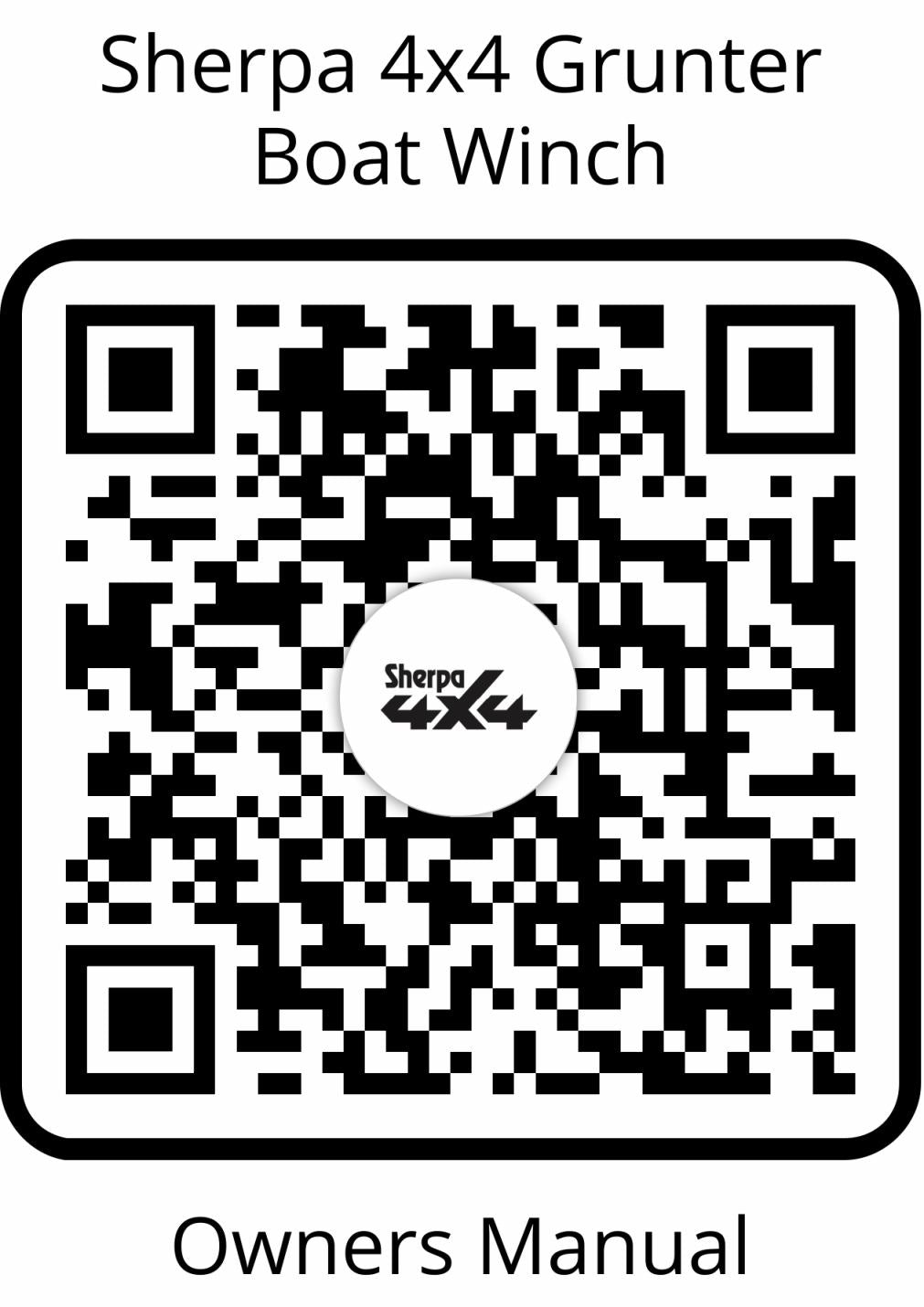 QR code labeled Sherpa 4x4 'Grunter' Electric Boat Trailer Winch Owners Manual, featuring the Sherpa 4x4 logo. Scan to access your winch manual and details for your Grunter electric boat trailer winch.
