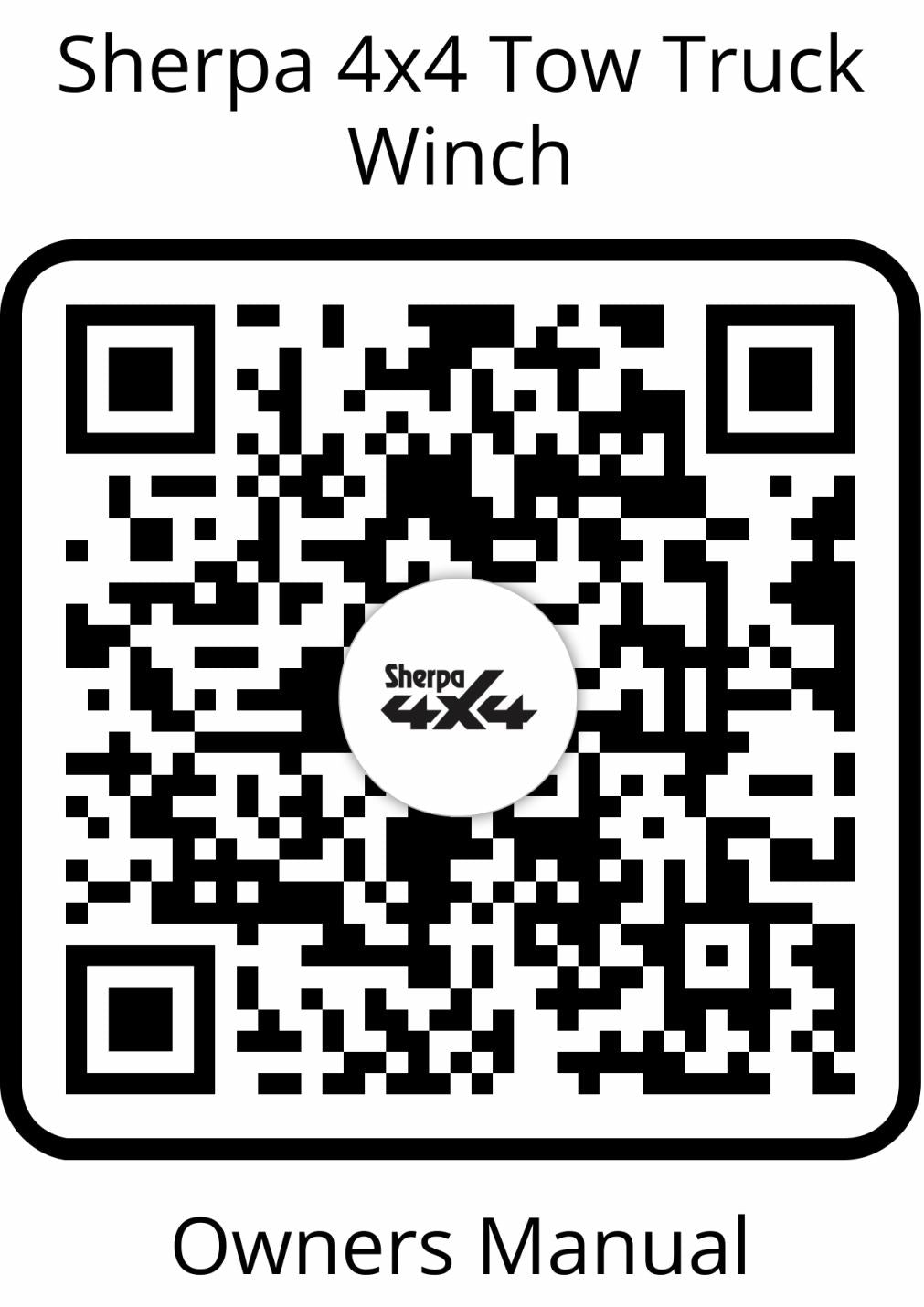 A QR code with "Sherpa 4x4 Tow Truck - 20,000Lb Winch" above, "Owners Manual" below, and the Sherpa 4x4 logo in the center. Ideal for electric tow truck or trailer winch equipment loading guidance.