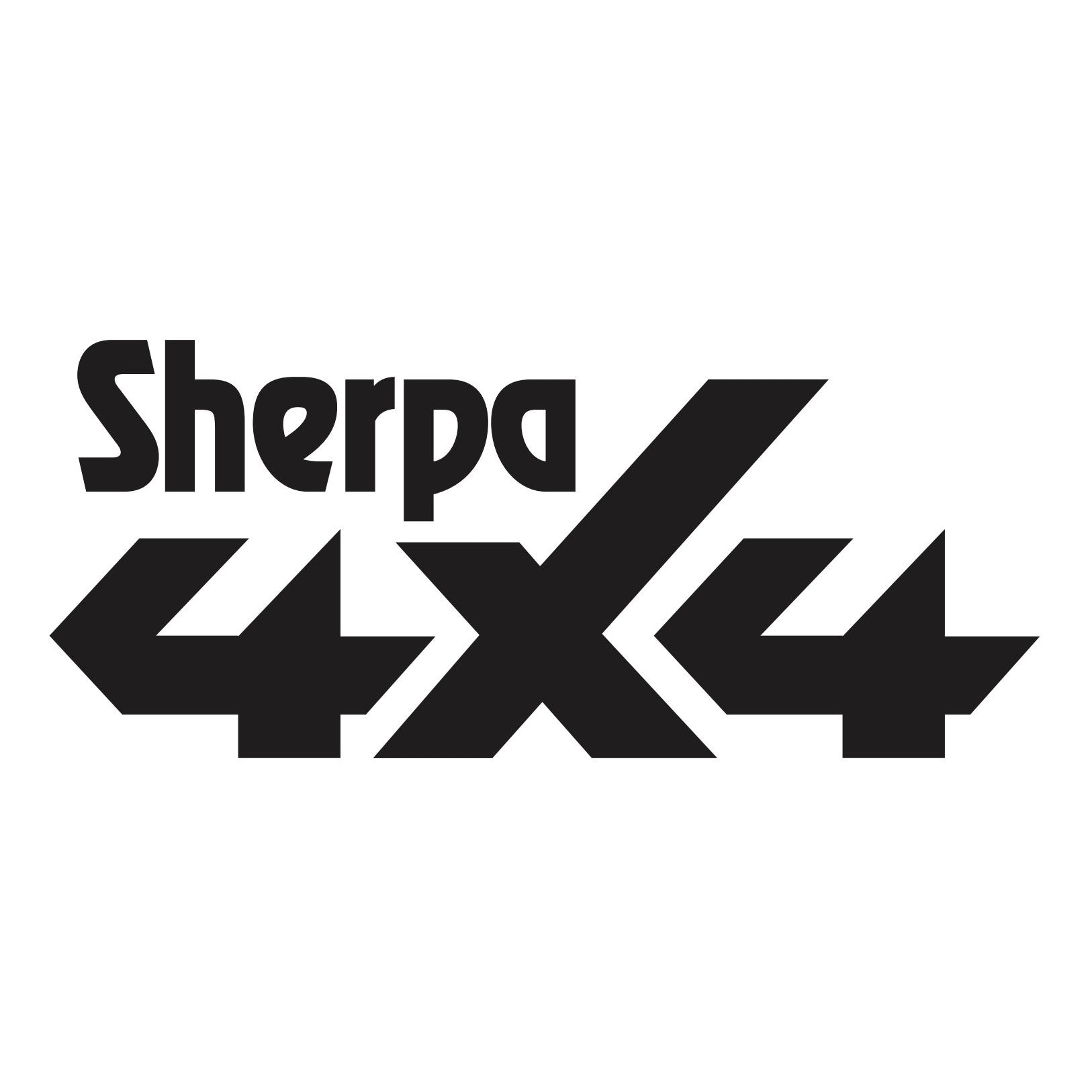 A bold, angular “Sherpa 4x4” design in black text on white features striking numbers and arrows to evoke off-road capability—perfectly complementing the Sherpa 4x4 ‘BIG V4’ Quad-Air Bundle (400 L/min) 4-Tyre Inflation System for your ultimate tyre inflation solution.
