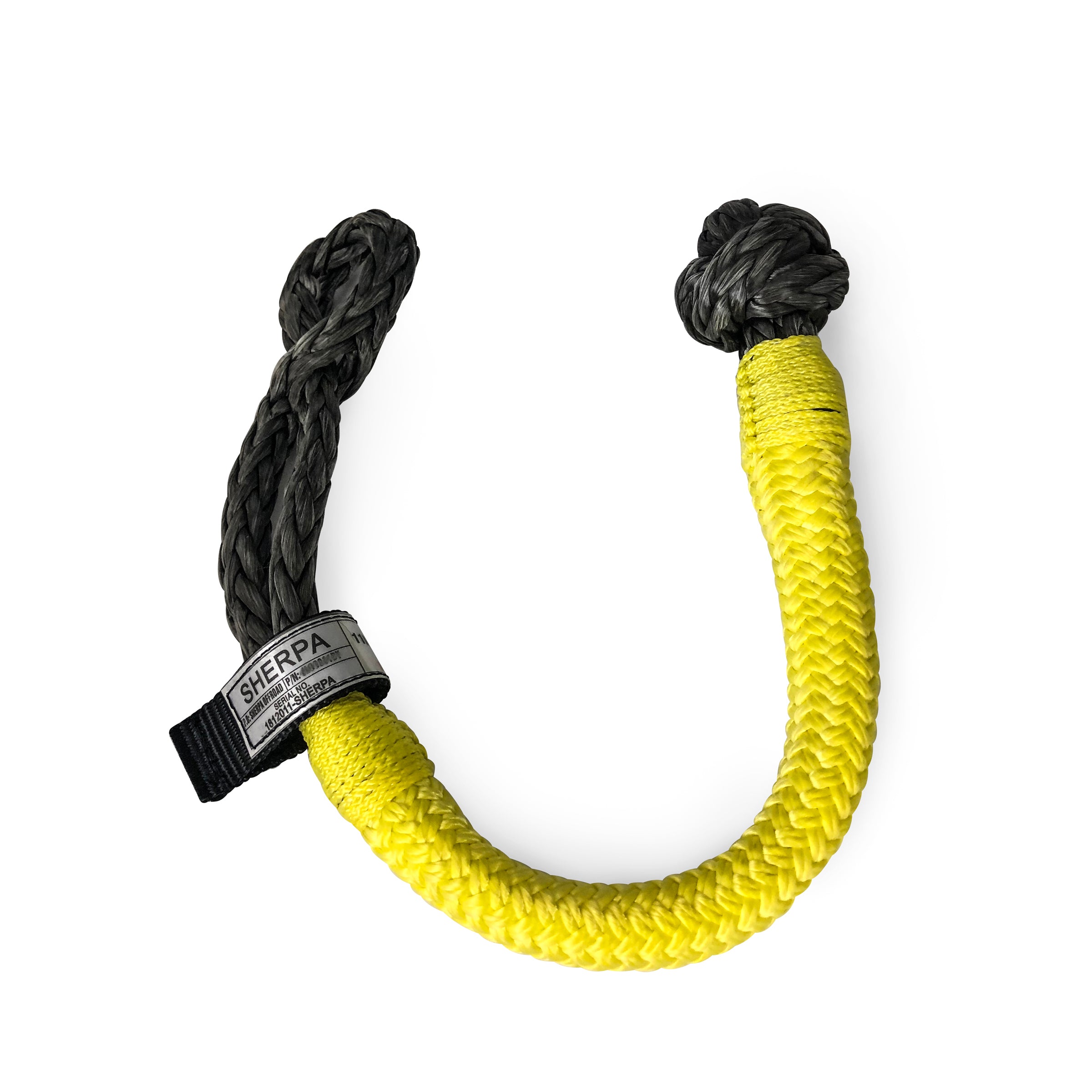 The Sherpa 4x4 Soft Rope Shackle, a yellow and black synthetic shackle with braided ends and Sherpa 4x4 branding, is ideal for recovery kits and displayed on a white background.