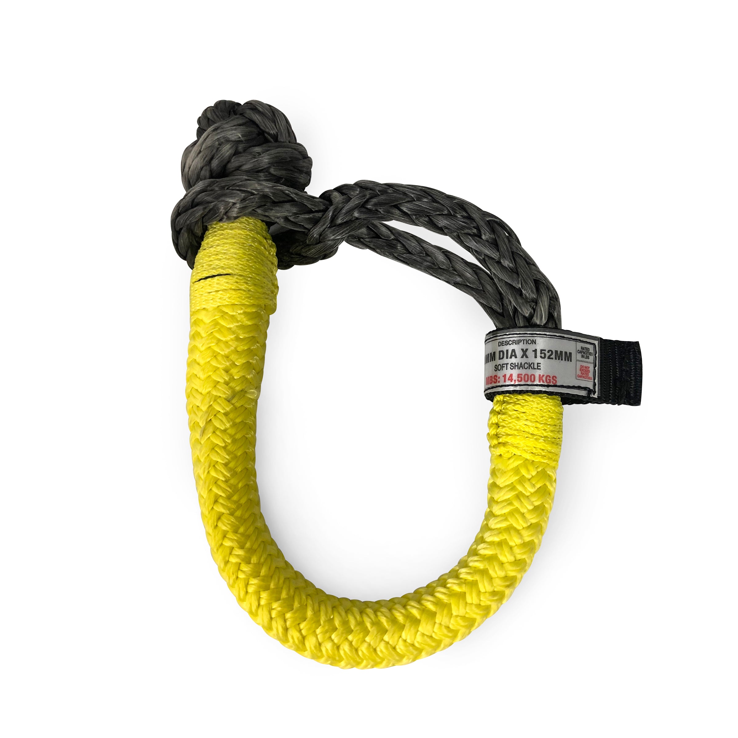 The Sherpa 4x4 Soft Rope Shackles by Sherpa 4x4 feature a bright yellow braided loop and dark gray knot, with strength specs on the label. The synthetic shackle is displayed in a neat teardrop shape on a white background.