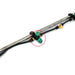 Close-up of a metal pipe with black tubing and plastic connectors; a green and blue Scintex Paddock Spray Boom Tee Fitting Assembly is highlighted in red, showing its use for efficient spray distribution on Paddock sprayers.