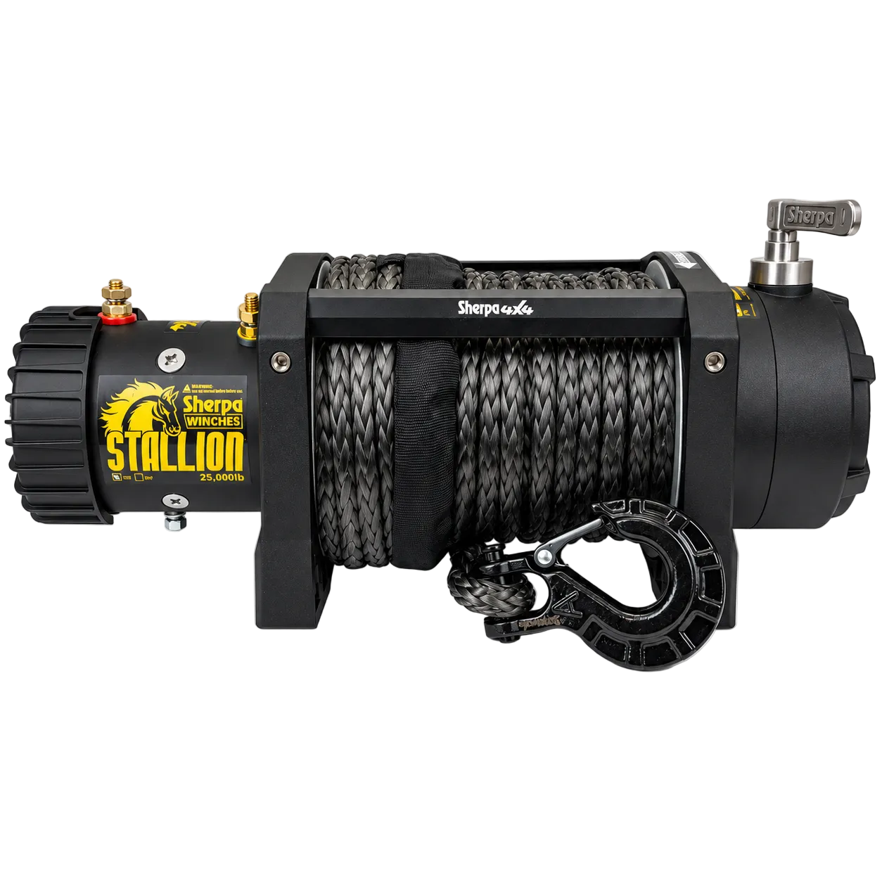 The Sherpa 4x4 Black Edition ‘Stallion’ 25,000Lb Winch is a heavy-duty black winch featuring a coiled synthetic rope and hook, complete with a yellow Stallion label from Sherpa 4x4, designed for vehicle recovery or pulling heavy loads.