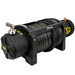 A Sherpa 4x4 Black Edition ‘Stallion’ 25,000Lb Winch with synthetic rope wound around the drum, featuring metal and yellow detailing, is designed for vehicle recovery or off-road applications.