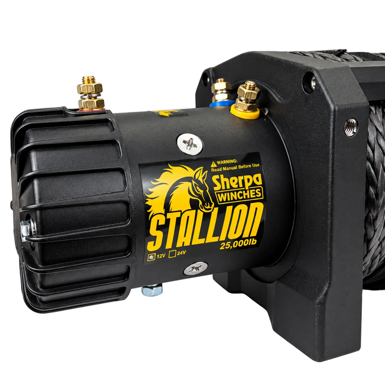Close-up of a Sherpa 4x4 Black Edition ‘Stallion’ 25,000Lb Winch featuring the yellow horse logo, with visible power connections and rope spool on a black industrial housing.