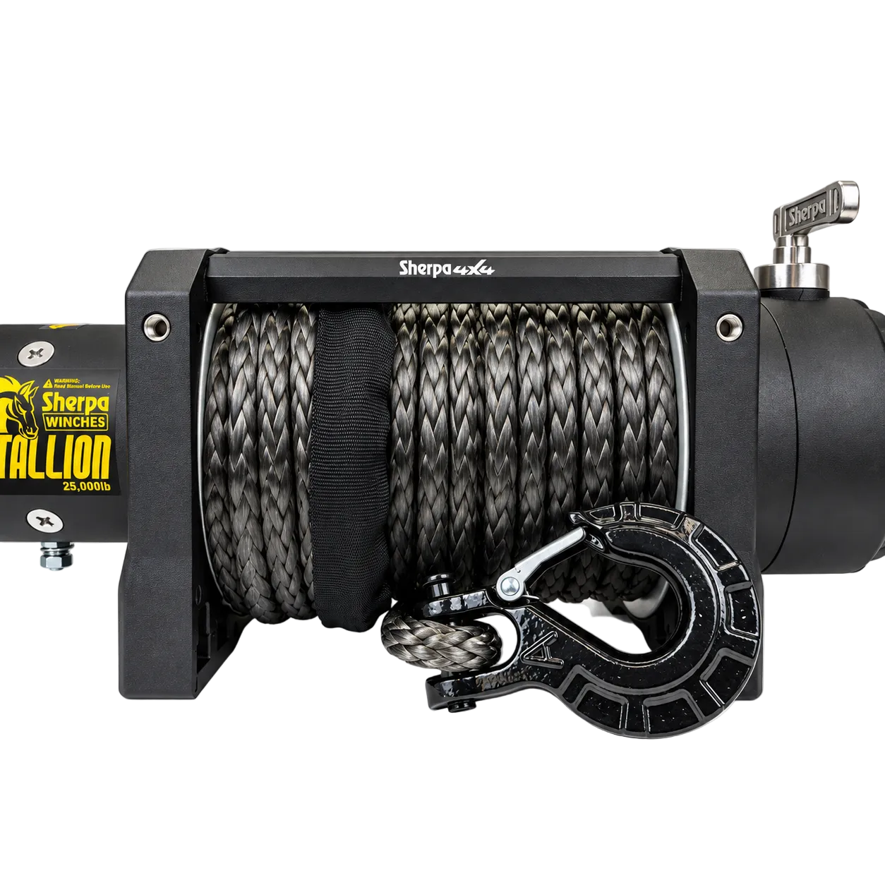 A Sherpa 4x4 Black Edition ‘Stallion’ 25,000lb electric winch featuring tightly wound synthetic rope and a metal hook attachment, designed by Sherpa 4x4 for vehicle recovery or towing applications.