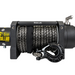 A Sherpa 4x4 Black Edition ‘Stallion’ 25,000lb electric winch featuring tightly wound synthetic rope and a metal hook attachment, designed by Sherpa 4x4 for vehicle recovery or towing applications.