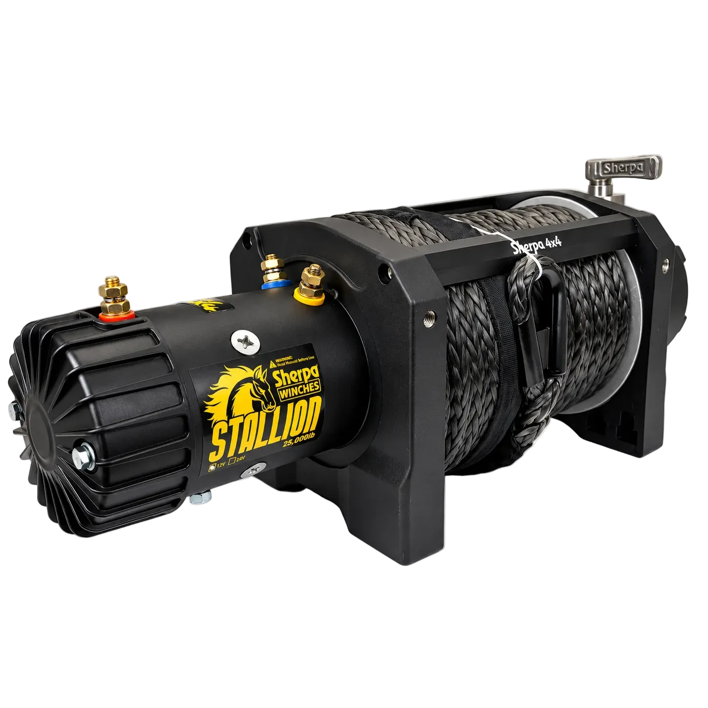 A black Sherpa 4x4 Black Edition ‘Stallion’ winch with a coiled synthetic rope, yellow logo, and control components is displayed on a white background. This powerful electric winch from Sherpa 4x4 is designed for vehicle recovery and off-road use, delivering exceptional reliability and an impressive 25,000lb pulling capacity.