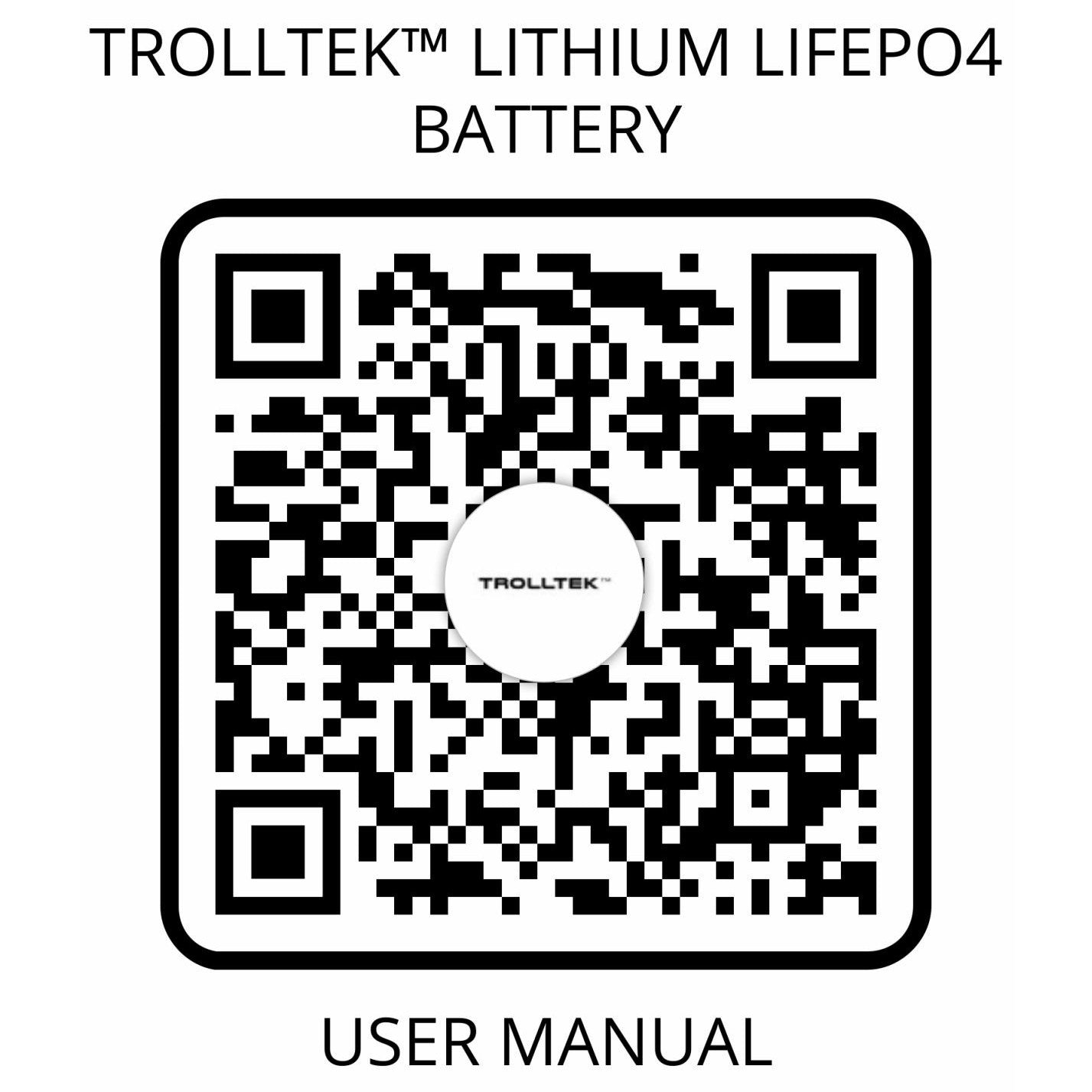 QR code labeled Trolltek™ 12V LiFePO4 Lithium Slimline Battery 4WD Bundle – Charge While Driving (DC) User Manual, featuring the Trolltek logo at the center, allows users to easily access the product manual. Perfect for those using 12V LiFePO4 lithium battery systems or a DC/DC charger with MPPT solar regulator, ensuring quick access to essential information about your Trolltek battery.