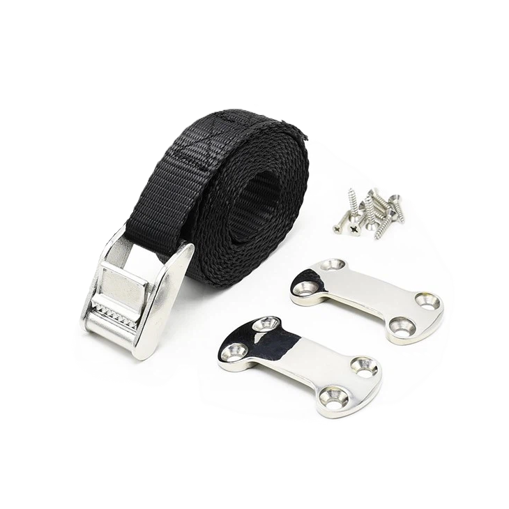 Displayed on a white background are the components of the Trolltek™ 12V LiFePO4 Lithium Battery 4WD Bundle – Charge While Driving (DC) by Trolltek: a black nylon strap with a metal cam buckle, two silver mounting brackets, and several screws—perfect for securely installing your DC/DC charger or 12V LiFePO4 lithium battery.