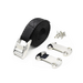 Displayed on a white background are the components of the Trolltek™ 12V LiFePO4 Lithium Battery 4WD Bundle – Charge While Driving (DC) by Trolltek: a black nylon strap with a metal cam buckle, two silver mounting brackets, and several screws—perfect for securely installing your DC/DC charger or 12V LiFePO4 lithium battery.