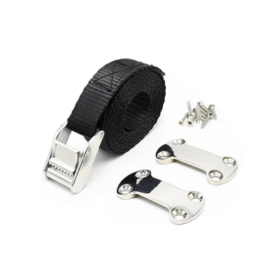 The Trolltek Battery Tie Down Kit by Trolltek is shown on a white background, featuring a rolled black strap with a stainless steel buckle, two silver mounting plates with four holes each, and several screws.