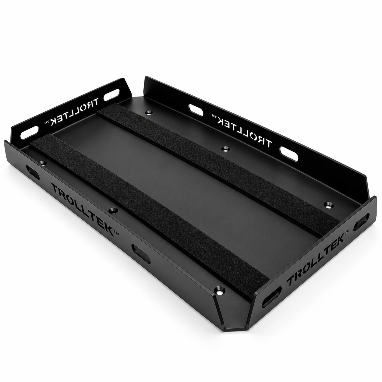Trolltek™ Aluminium Battery Tray, a black rectangular tray with two parallel hook-and-loop fastening strips on the base and mounting holes along the sides.