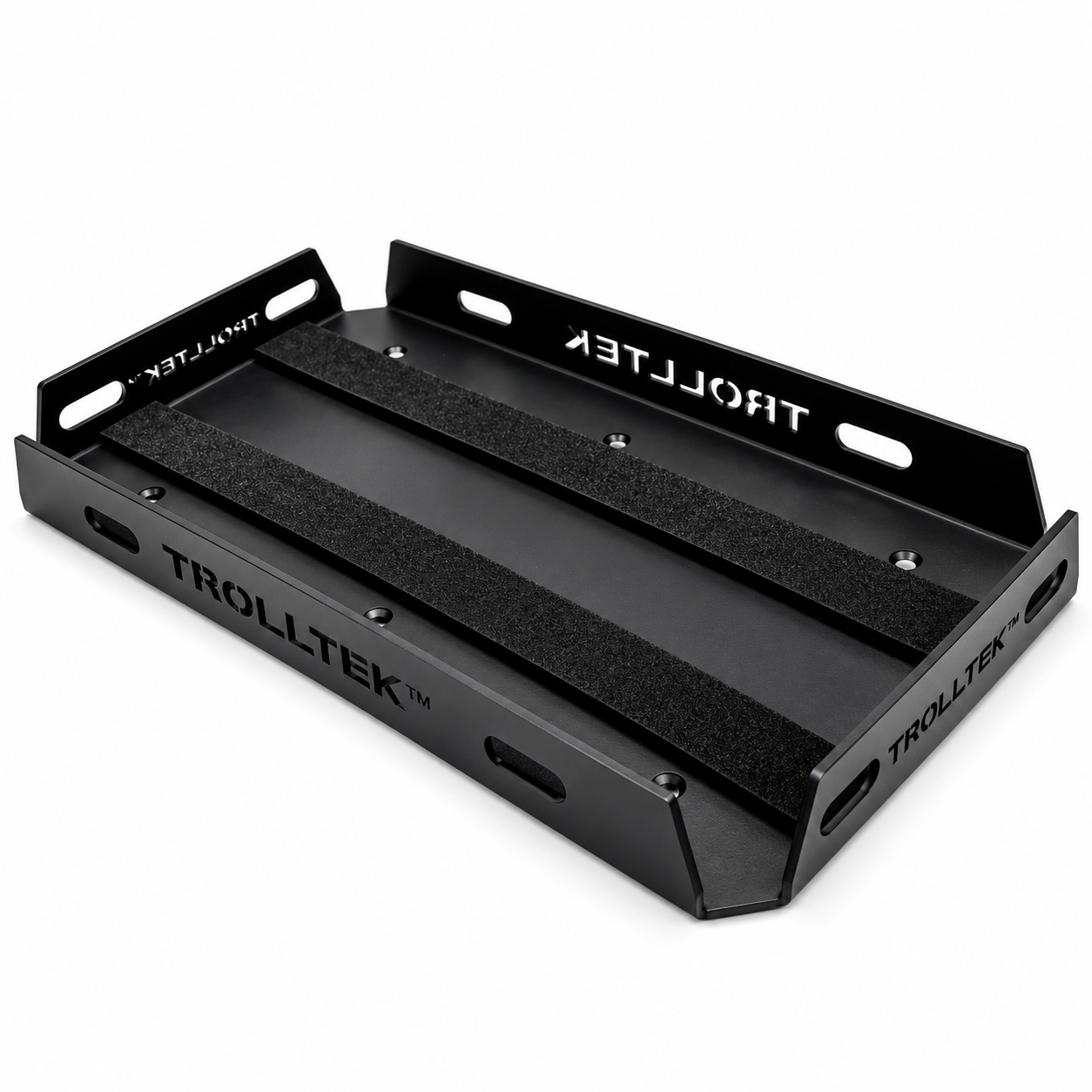 Heavy-duty rectangular black metal Trolltek™ Aluminium Battery Tray featuring two hook-and-loop strips and mounting holes on the base.