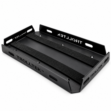 Heavy-duty rectangular black metal Trolltek™ Aluminium Battery Tray featuring two hook-and-loop strips and mounting holes on the base.