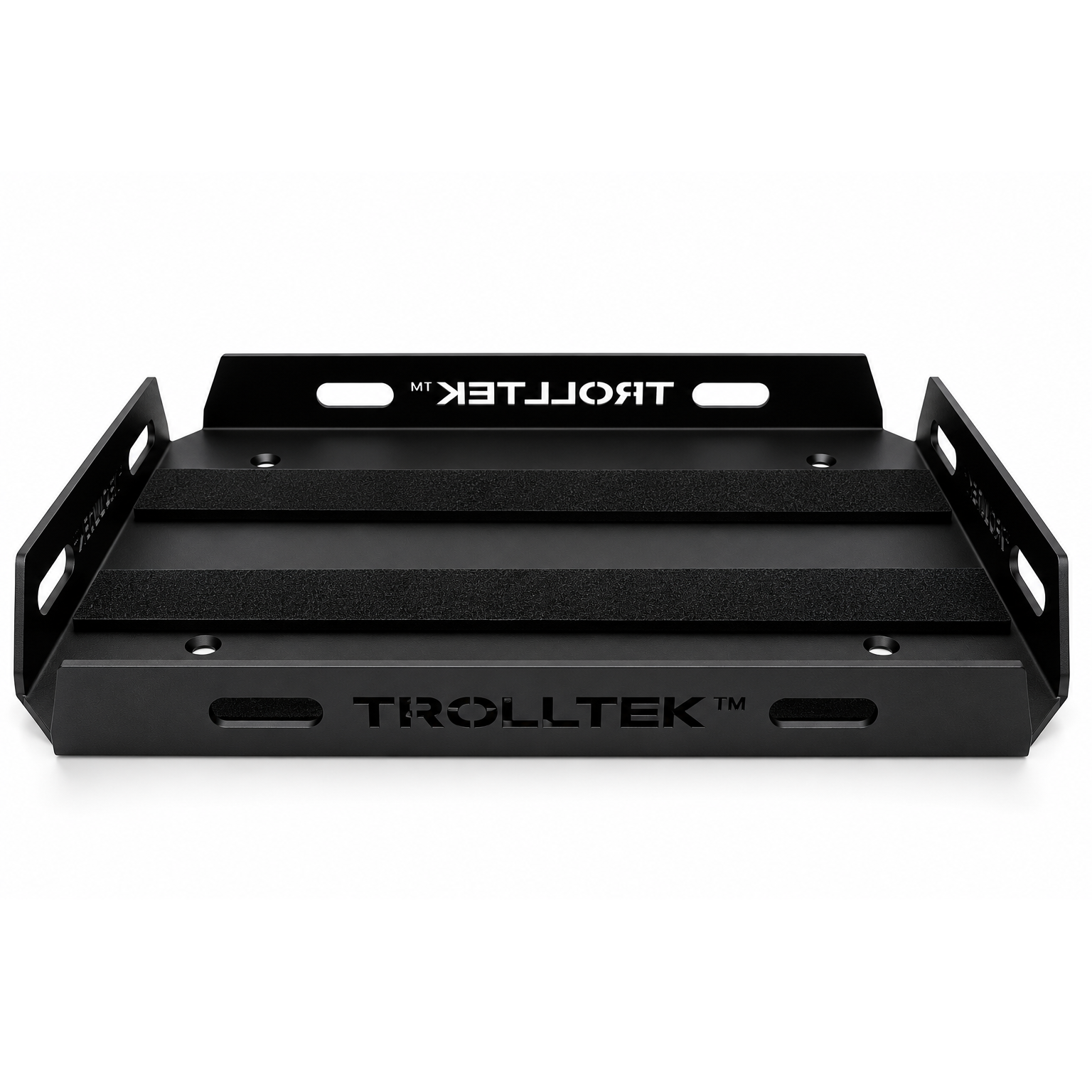 Black metal Trolltek™ Aluminium Battery Tray Kit featuring side walls and two strips of grip tape on the base for heavy-duty battery mounting.