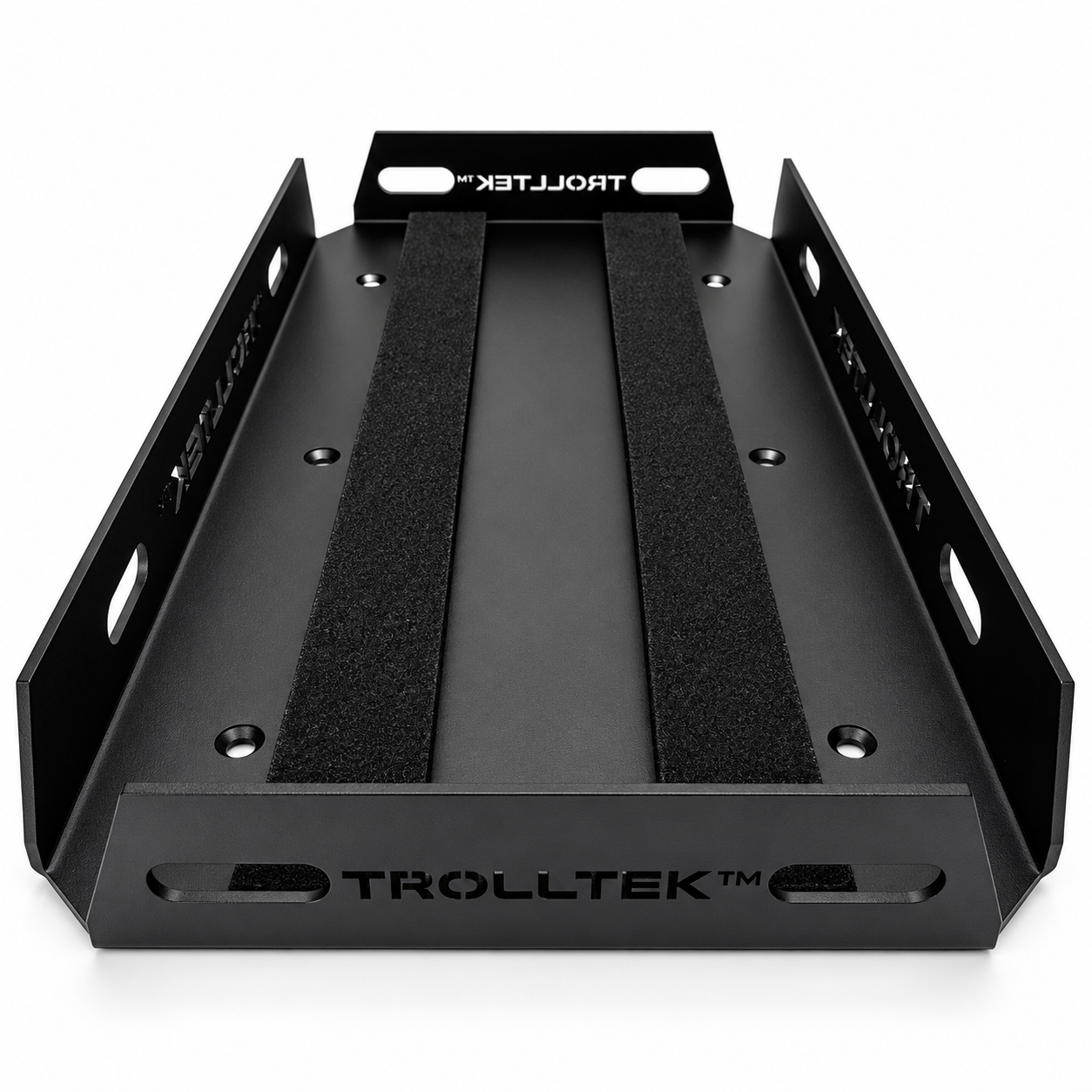 Black Trolltek™ Aluminium Battery Tray Kit with two central adhesive strips, mounting holes, and a heavy-duty battery mounting design.