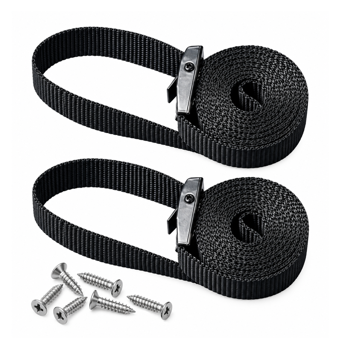 Two black nylon tie-down straps with metal buckles and six mounting screws for a Trolltek™ Aluminium Battery Tray Kit.