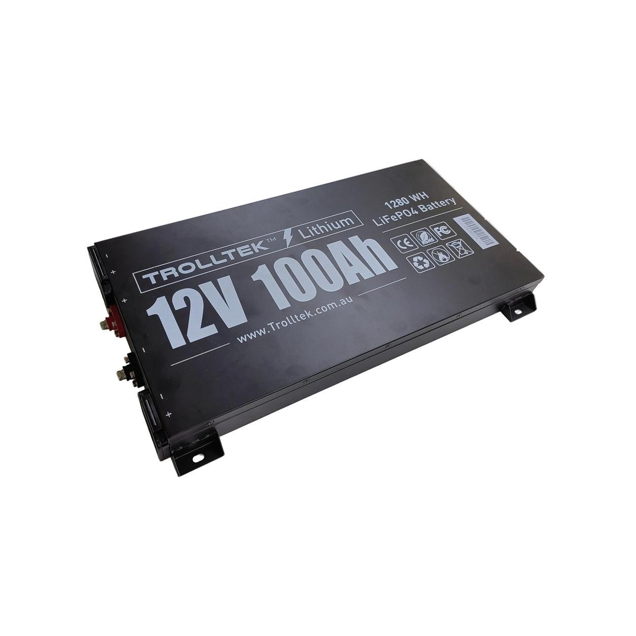 A rectangular Trolltek™ 12V LiFePO4 Super Slimline Lithium Battery with Bluetooth app, featuring labeled specs and a black casing, is pictured against a white background.