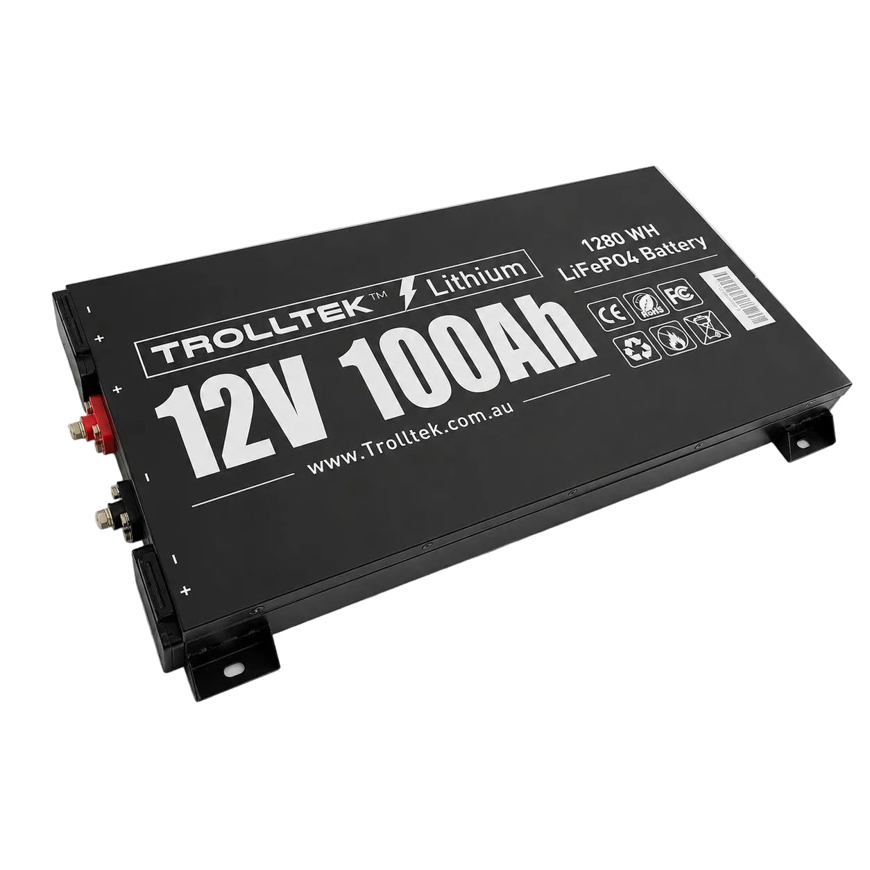 A black rectangular lithium battery labeled Trolltek™ 12V LiFePO4 Lithium Slimline Battery 4WD Bundle – Charge While Driving (DC), featuring terminal connectors on one end and detailed specifications printed on the surface—perfect as a slimline battery upgrade for your 4WD or as a dependable 12V LiFePO4 lithium solution when paired with a DC/DC charger with MPPT solar regulator, all from Trolltek.