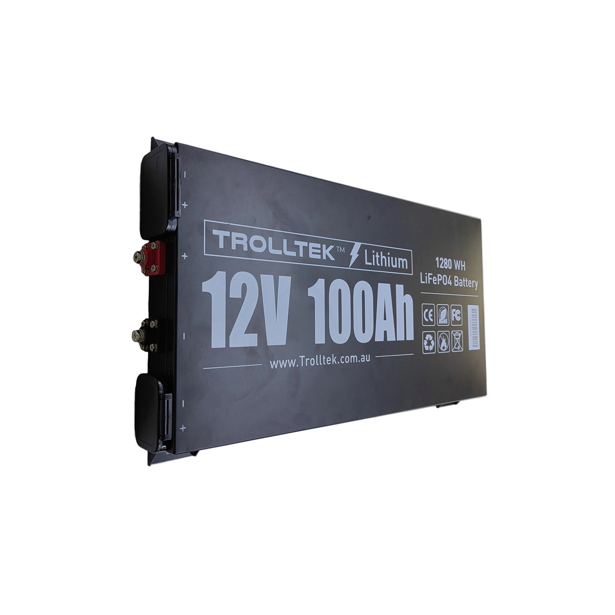 The Trolltek™ 12V LiFePO4 Super Slimline Lithium Battery with Bluetooth app is a rectangular black lithium battery labeled 12V 100Ah and features a 1280Wh capacity. This reliable off-grid battery from Trolltek has visible terminals on the left side, safety icons printed on the front, and offers advanced monitoring via the Bluetooth app.