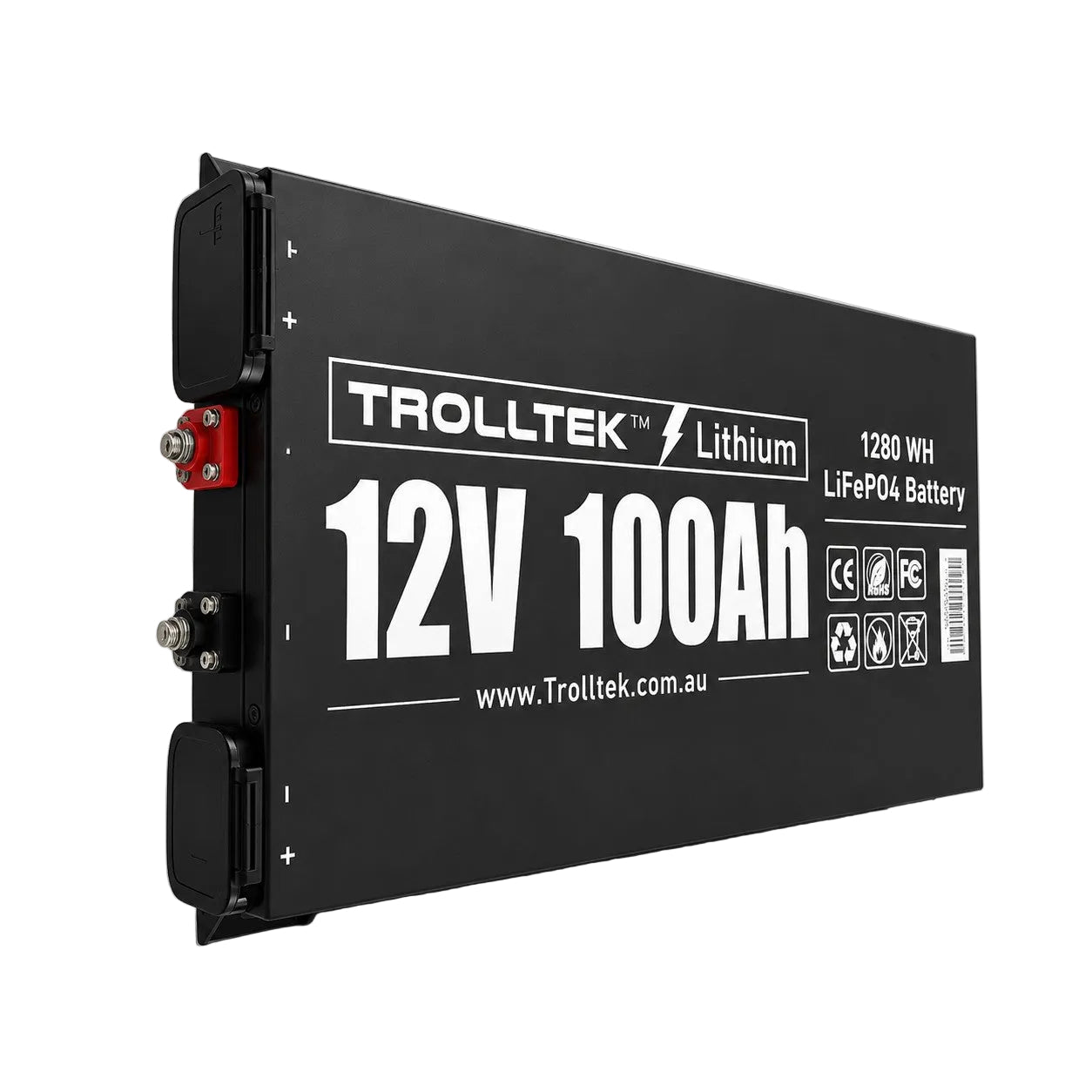 A black Trolltek™ 12V LiFePO4 Lithium Slimline Battery 4WD Bundle – Charge While Driving (DC), marked with 12V 100Ah and 1280Wh, featuring red and black terminals on the left—a reliable choice from Trolltek for dependable off-road power in your slimline battery setup.