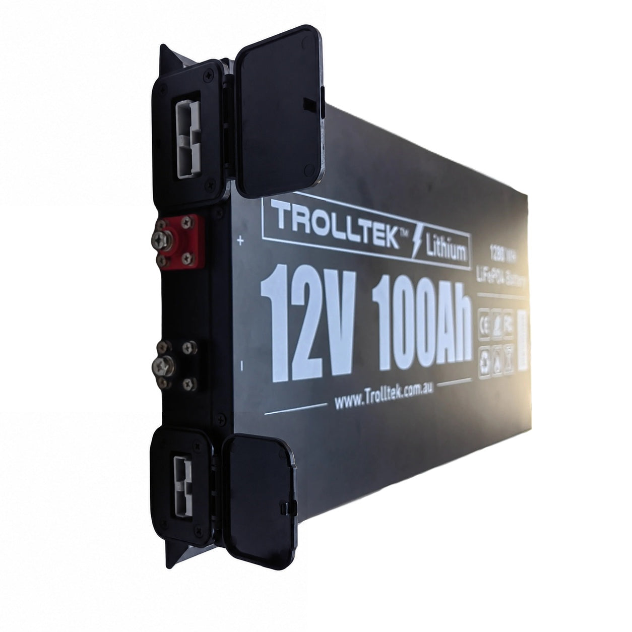 A rectangular Trolltek™ 12V LiFePO4 Super Slimline Lithium Battery with Bluetooth app, featuring two black end covers open to show the connection terminals. The black case is adorned with white text and icons, making it an ideal choice from Trolltek as a reliable marine battery for demanding environments.