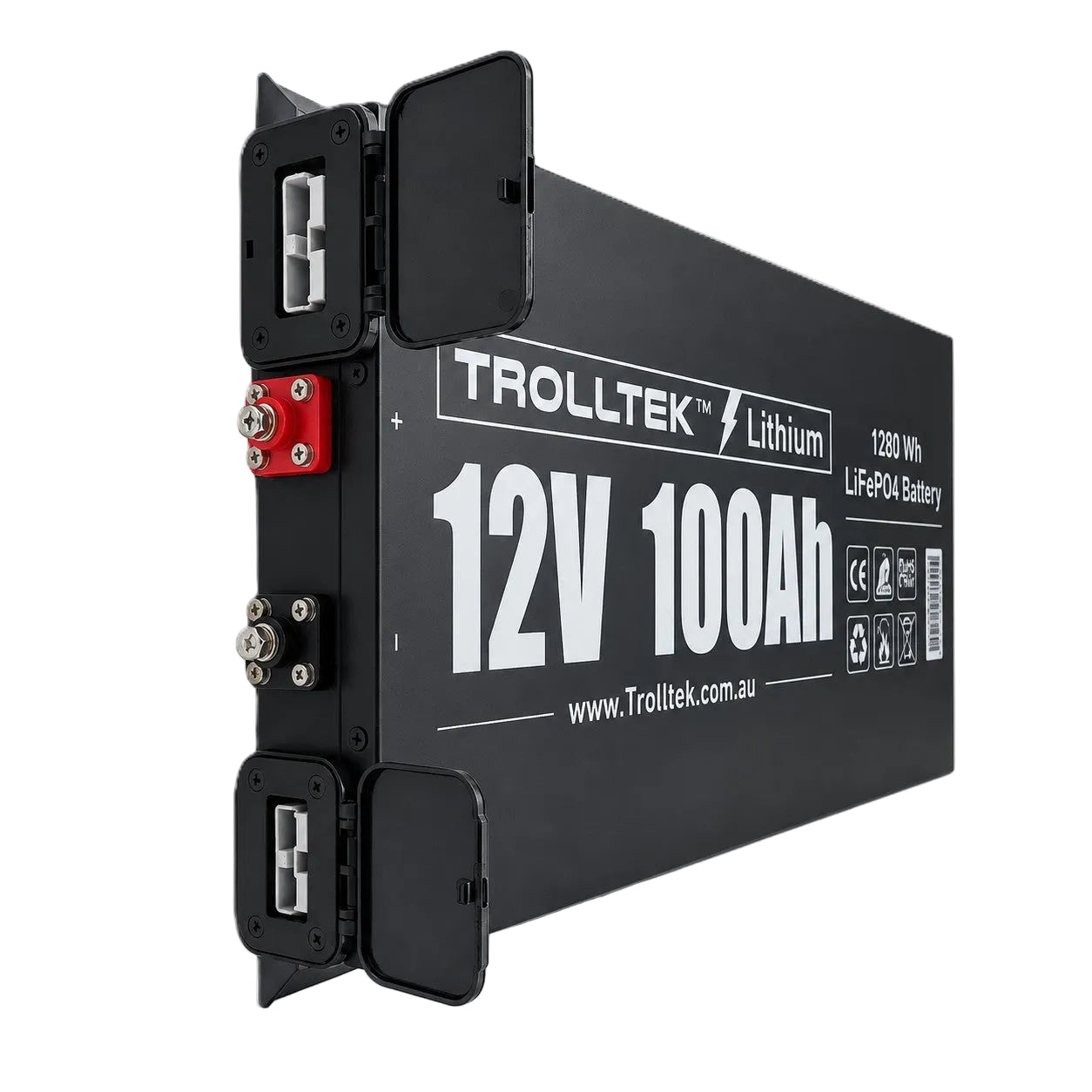 The Trolltek™ 12V LiFePO4 Lithium Slimline Battery 4WD Bundle – Charge While Driving (DC) is a rectangular black lithium battery rated at 100Ah, featuring exposed terminals and dual open access panels. The side displays prominent Trolltek branding along with technical specifications. Designed for compatibility with a DC/DC charger and MPPT solar regulator, this slimline battery is ideal for integration into 4WD bundles and supports diverse LiFePO₄ applications.