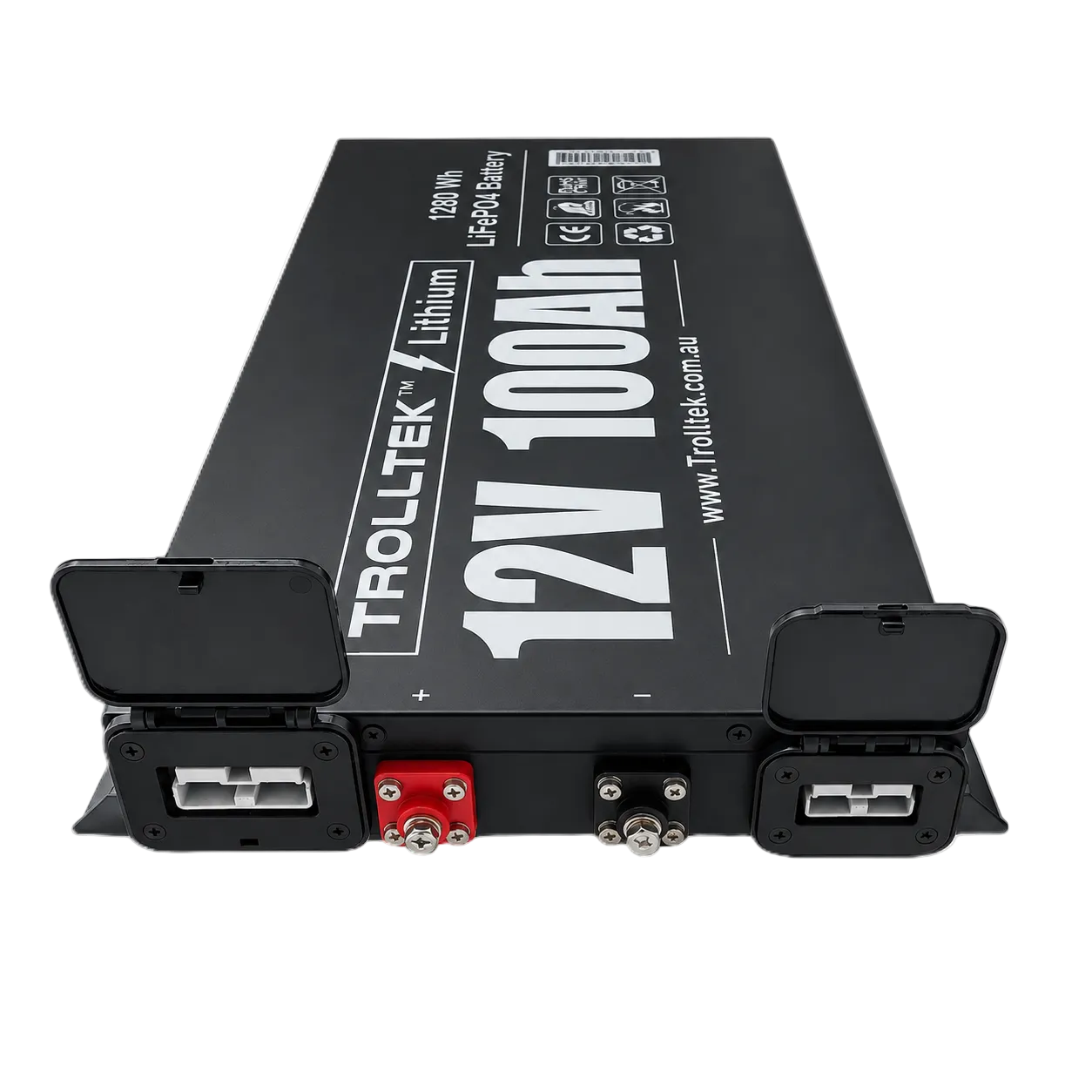 The Trolltek™ 12V LiFePO4 Lithium Slimline Battery 4WD Bundle – Charge While Driving (DC) by Trolltek is a rectangular black 12V lithium battery featuring a slimline design, two covered connection ports, red and black terminals, and safety icons—ideal for pairing with a DC/DC charger with MPPT solar regulator.