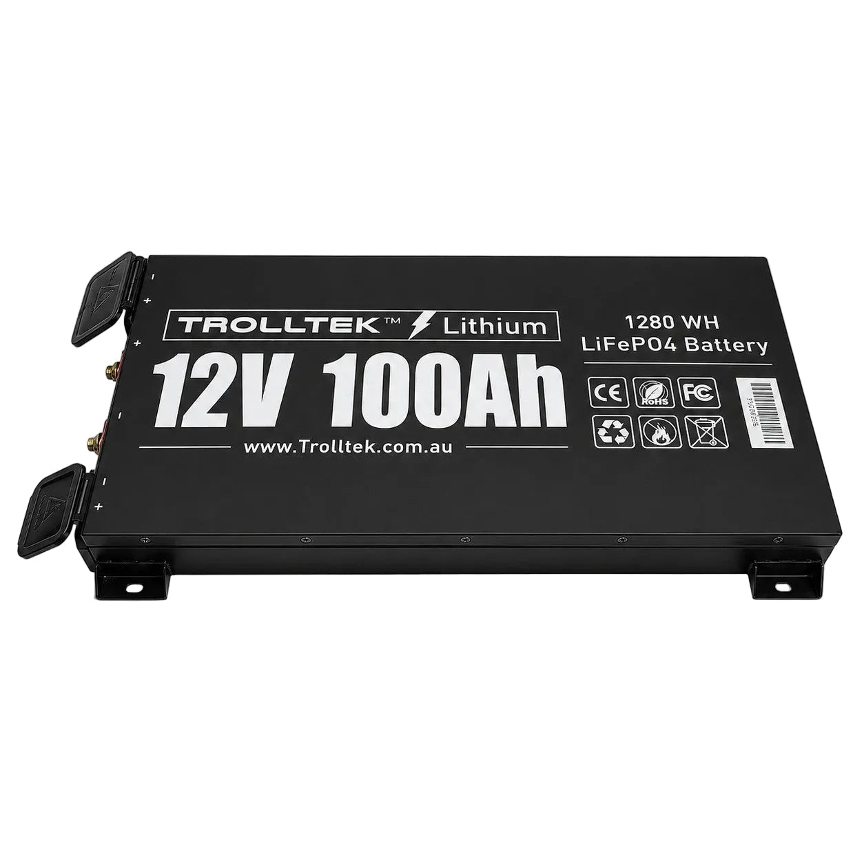 Trolltek™ 12V LiFePO4 Lithium Slimline Battery 4WD Bundle – Charge While Driving (DC), a flat black 12V lithium battery with side terminals and mounting brackets, labeled Trolltek Lithium 12V 100Ah, 1280 Wh.