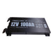 A black rectangular Trolltek™ 12V LiFePO4 Super Slimline Lithium Battery with Bluetooth app, rated at 12V 100Ah and 1280 Wh, featuring advanced lithium iron phosphate technology. The battery has website details printed in white on the top, and comes with two terminal connectors plus sturdy mounting brackets for secure marine installation.