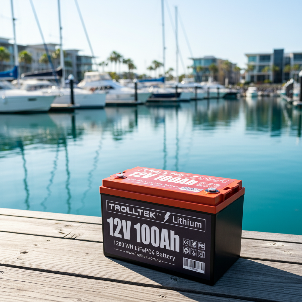 A Trolltek 12V Trolltek™ LiFePO4 Lithium Battery with Bluetooth sits on a wooden dock by a marina, boats and modern buildings reflecting in the calm water behind it.