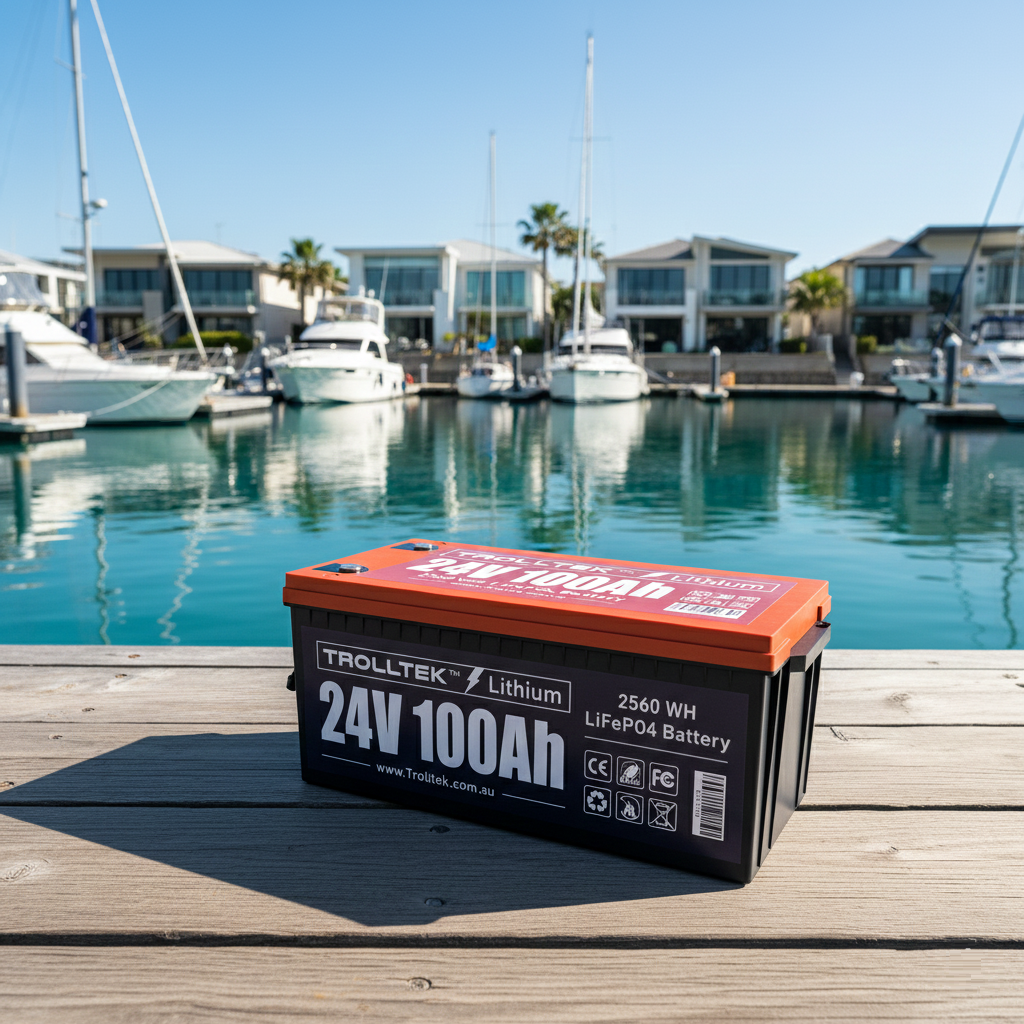 A Trolltek 24V Trolltek™ LiFePO4 Lithium Battery with Bluetooth rests on a marina dock, boats and waterfront homes behind it under a clear blue sky.