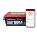 A 36V Trolltek™ LiFePO4 Lithium Battery with Bluetooth is displayed beside a smartphone running an app that shows battery status, including voltage, capacity, and temperature.