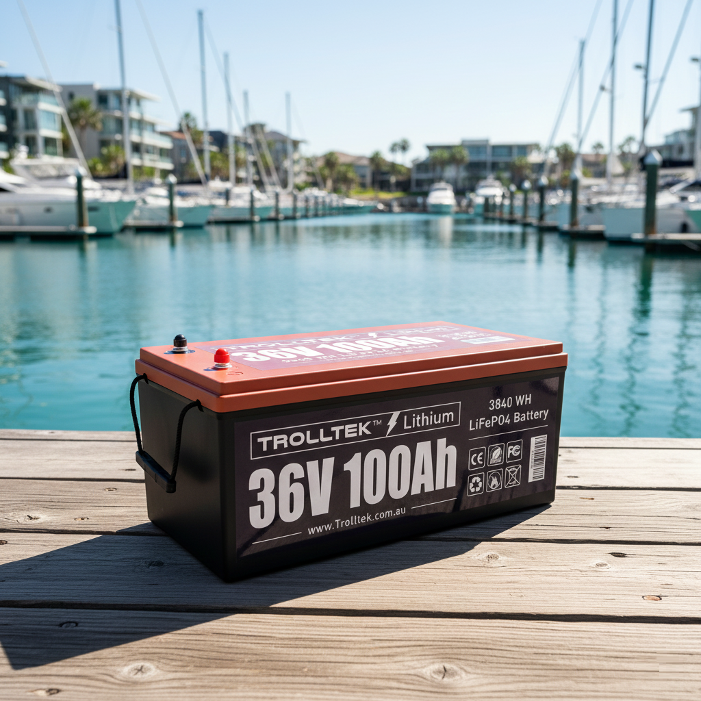 A Trolltek 36V Trolltek™ LiFePO4 Lithium Battery with Bluetooth rests on a wooden dock by the marina, surrounded by yachts and palm trees beneath a clear blue sky.