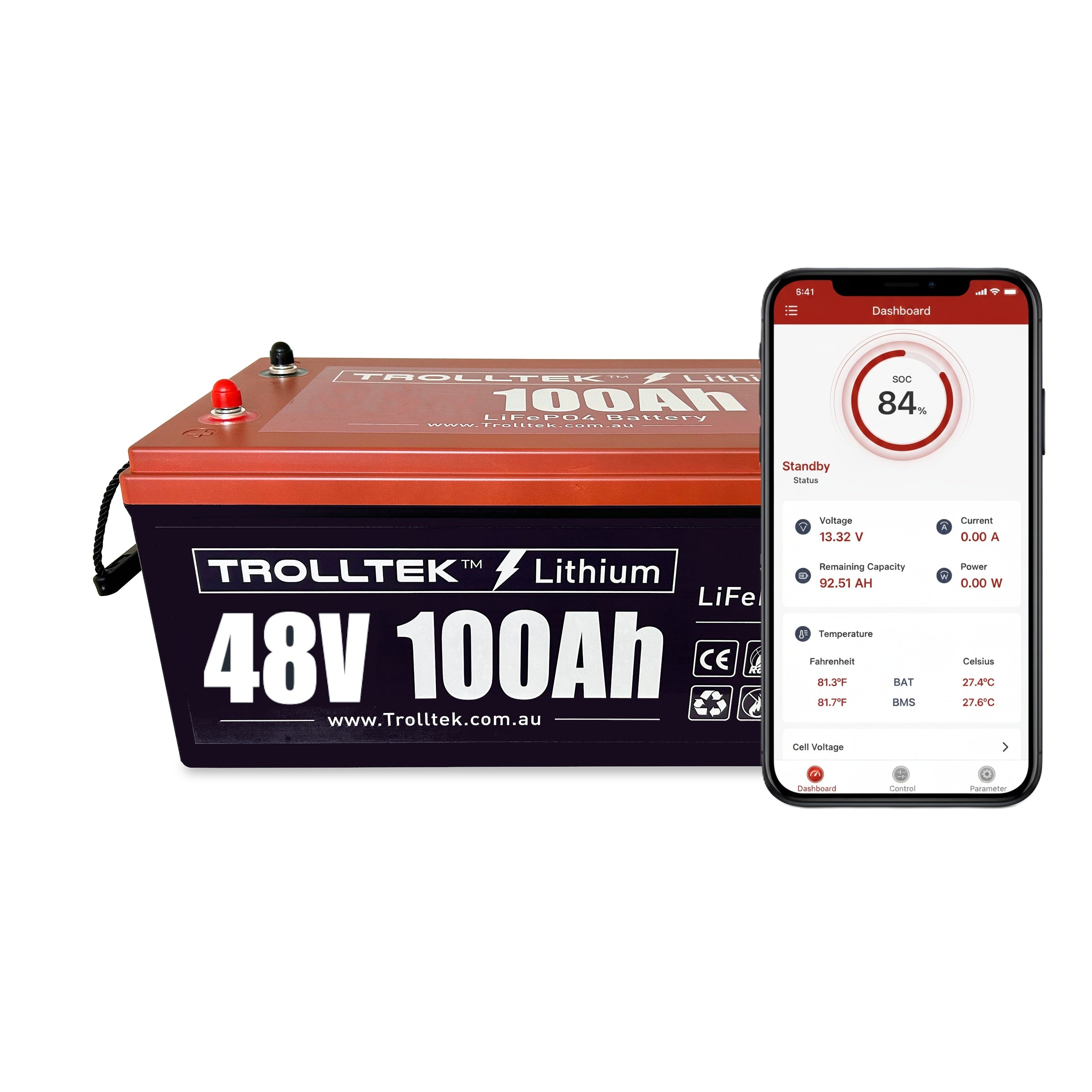A Trolltek™ 48V LiFePO4 Lithium Battery with Bluetooth is shown next to a smartphone displaying an advanced app with state of charge, voltage, and capacity details.