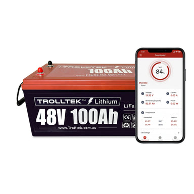 A Trolltek™ 48V LiFePO4 Lithium Battery with Bluetooth is shown next to a smartphone displaying an advanced app with state of charge, voltage, and capacity details.