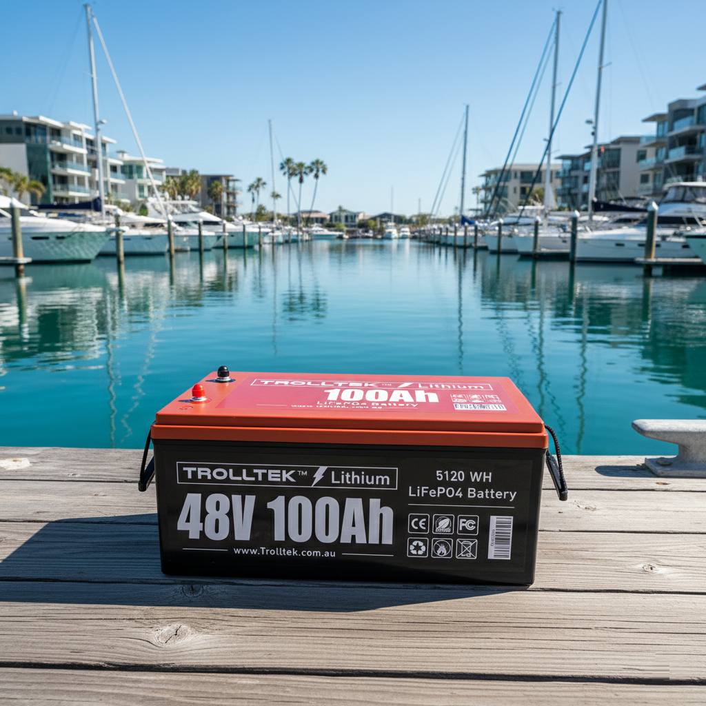 A Trolltek 48V Trolltek™ LiFePO4 Lithium Battery with Bluetooth sits on a dock, with yachts and sailboats moored in the marina under a sunny sky.