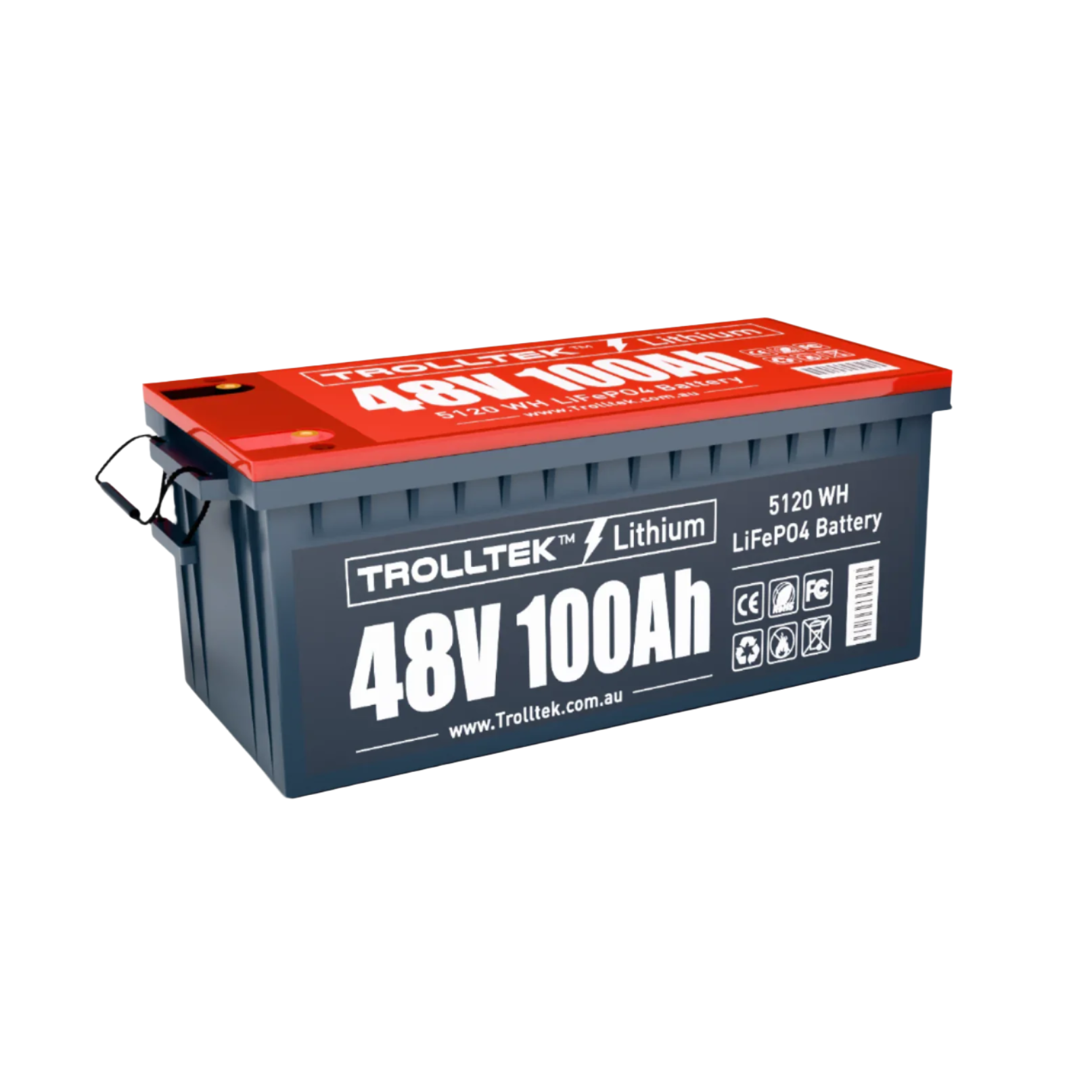 The Trolltek™ 48V LiFePO4 Lithium Battery with Bluetooth features a red top, 100Ah capacity, 5120Wh, safety icons, and a website on its gray body—ideal as a marine battery.