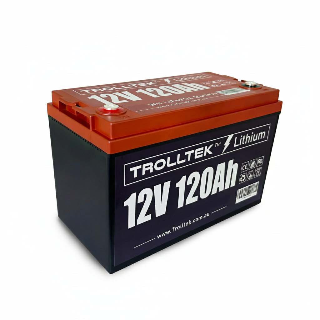 A rectangular black and red Trolltek 12V Trolltek™ LiFePO4 Lithium Battery with Bluetooth, featuring top positive/negative terminals, battery management system, and safety symbols for long cycle life on the side.