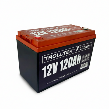A rectangular black and red Trolltek 12V Trolltek™ LiFePO4 Lithium Battery with Bluetooth, featuring top positive/negative terminals, battery management system, and safety symbols for long cycle life on the side.