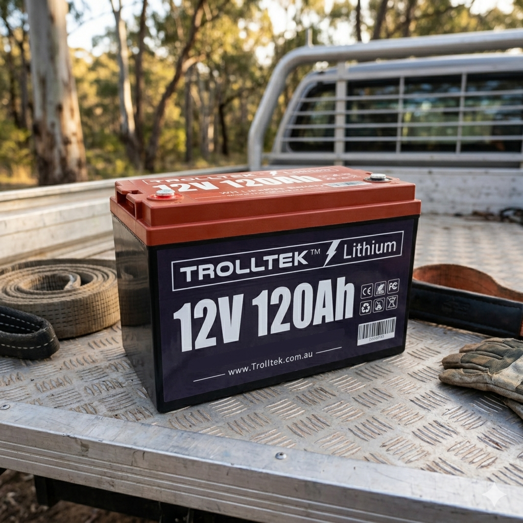 A Trolltek™ 12V LiFePO4 Lithium Battery 4WD Bundle – Charge While Driving (DC) by Trolltek rests securely on a metal truck bed, surrounded by straps and gloves, with trees visible in the background—highlighting this robust lithium battery as the perfect option for any 4WD bundle or DC/DC charger setup.
