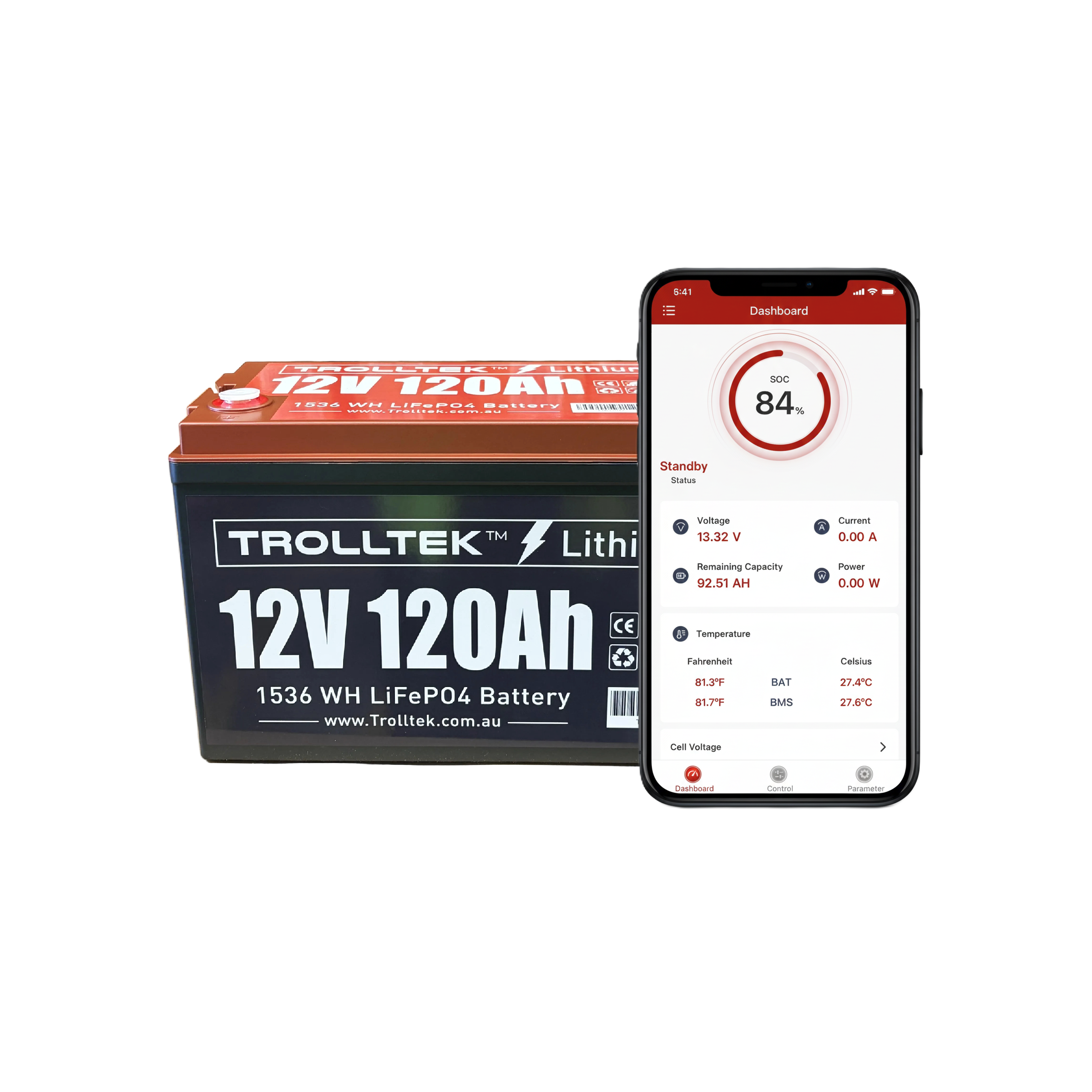 A Trolltek™ 12V LiFePO4 Lithium Battery 4WD Bundle – Charge While Driving (DC) from Trolltek is positioned next to a smartphone displaying battery statistics such as charge level, voltage, and temperature on its screen—making it an excellent choice for anyone in need of a dependable DC/DC charger or 4WD battery bundle.