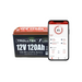A Trolltek™ 12V LiFePO4 Lithium Battery 4WD Bundle – Charge While Driving (DC) from Trolltek is positioned next to a smartphone displaying battery statistics such as charge level, voltage, and temperature on its screen—making it an excellent choice for anyone in need of a dependable DC/DC charger or 4WD battery bundle.