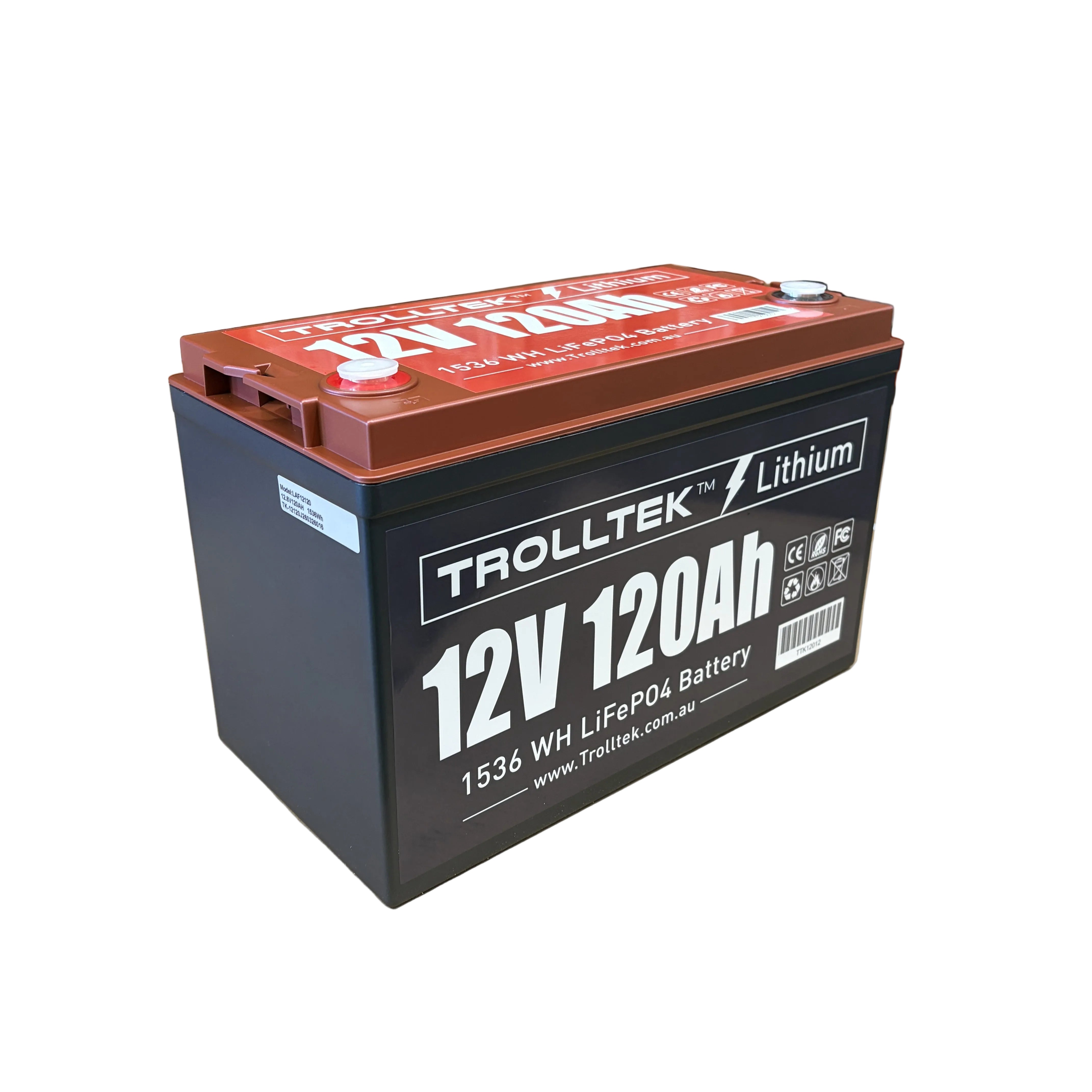 A black and red Trolltek™ 12V LiFePO4 Lithium Battery, labeled as part of the 4WD Bundle – Charge While Driving (DC), featuring product information and website details on the side. This battery is ideal for use in a reliable 4WD setup or when paired with a DC/DC charger for optimal performance.