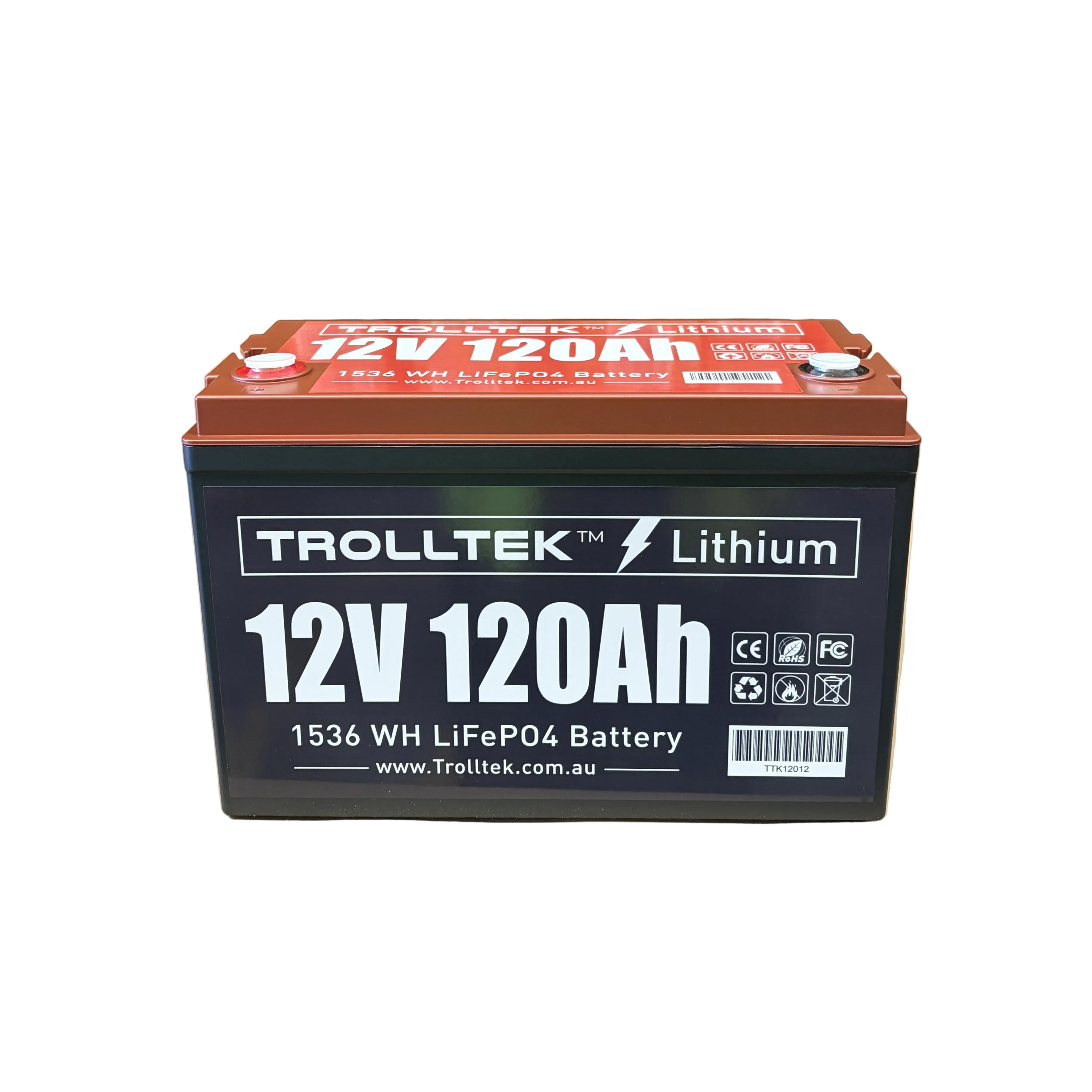The Trolltek™ 12V LiFePO4 Lithium Battery 4WD Bundle – Charge While Driving (DC) by Trolltek offers a 120Ah capacity and 1536Wh of energy storage, making it perfect for DC/DC charger setups or as part of a dependable 4WD battery bundle. Its black casing with a distinctive red top and white LiFePO4 labeling ensures clear identification.